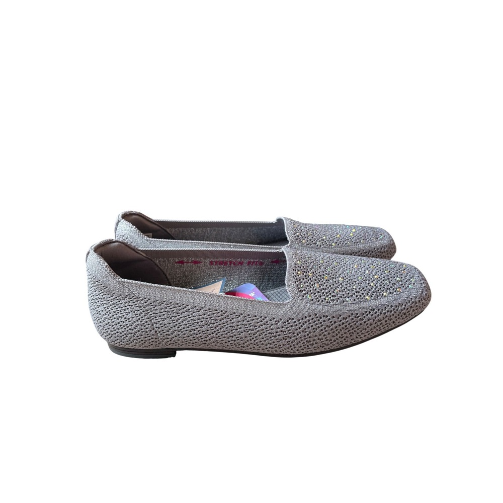 Skechers Cleo Square Gray Rhinestone Stretch Fit Vegan Flats Gray‎ Womens 6.5